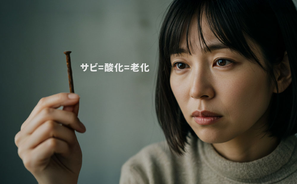 サビた釘を持つ女性