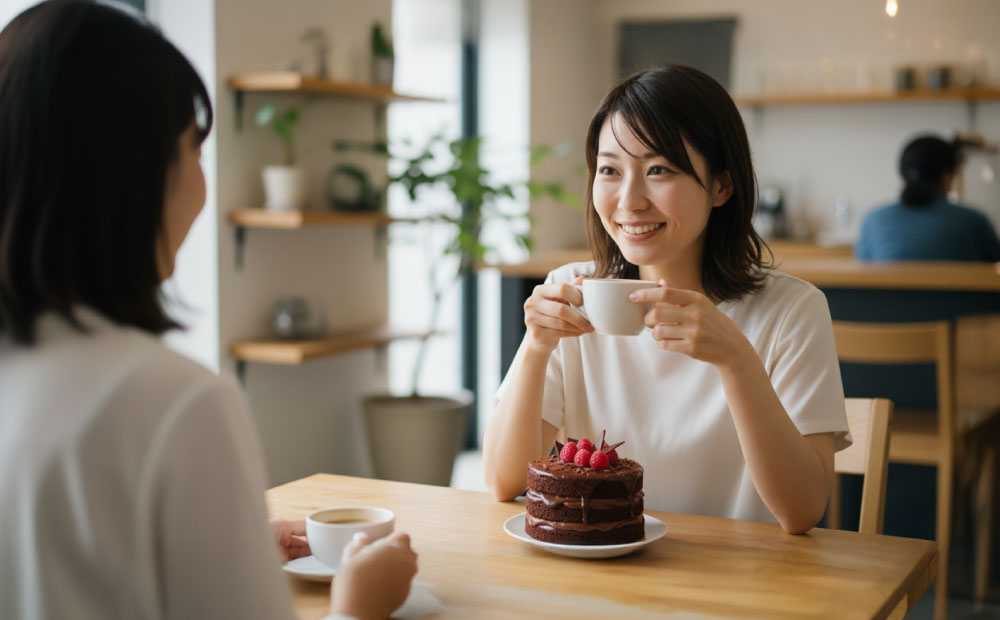アホ毛が収まり友達とコーヒーを飲む女性