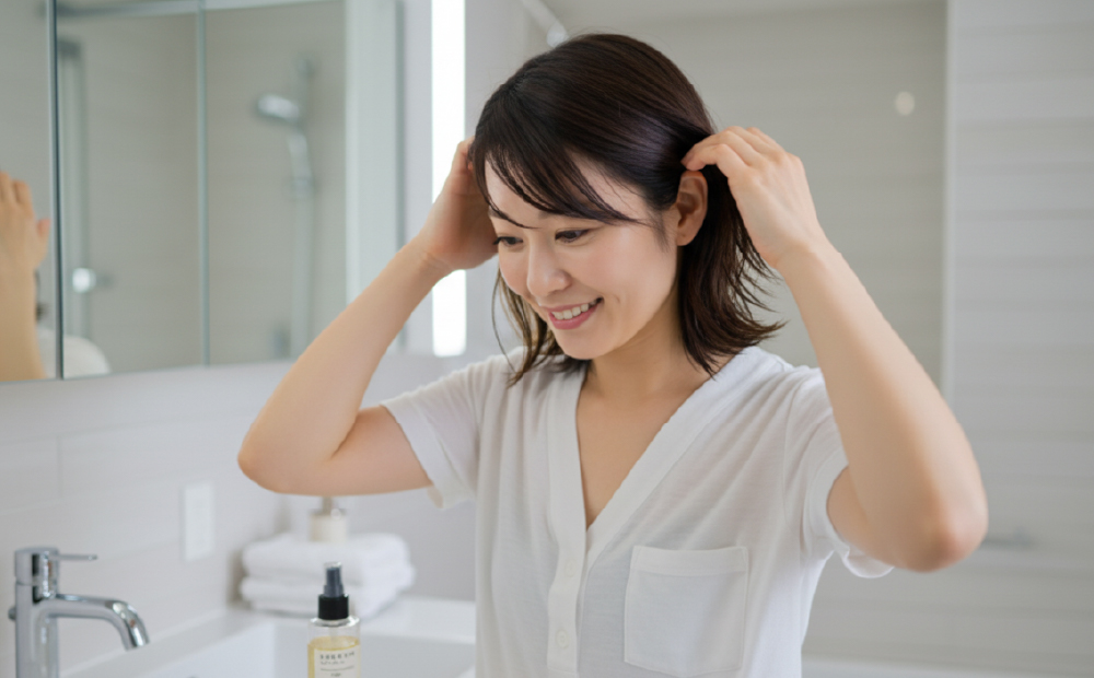 ヘアオイルを付ける40代の女性