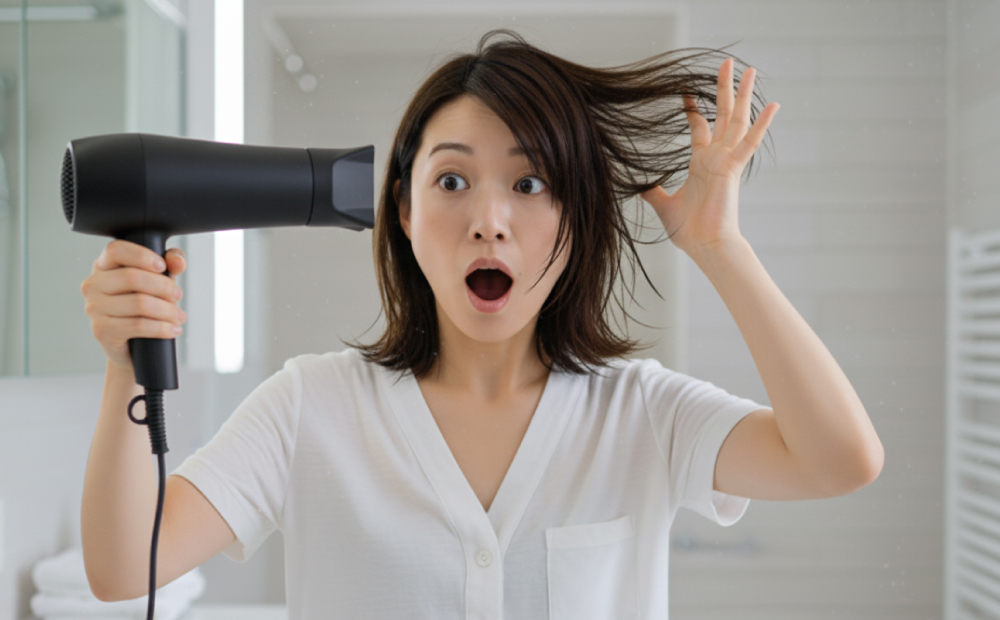 髪を乾かしながら驚く女性