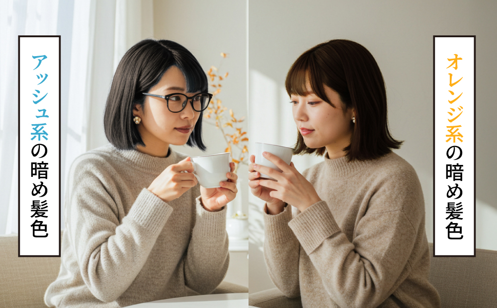 アッシュ系とオレンジ系の髪色の2人がコーヒーを飲んでいる