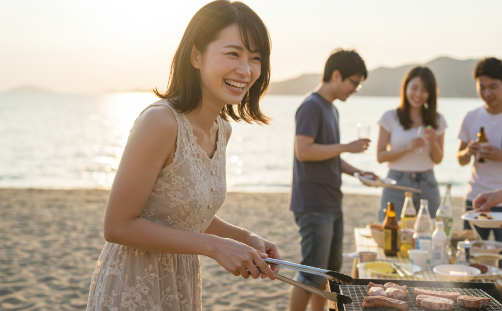 夏の砂浜でBBQする髪がキレイな女性