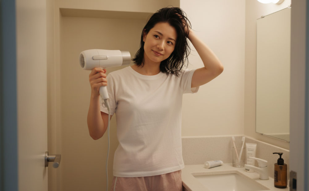 キレイな髪を乾かす女性