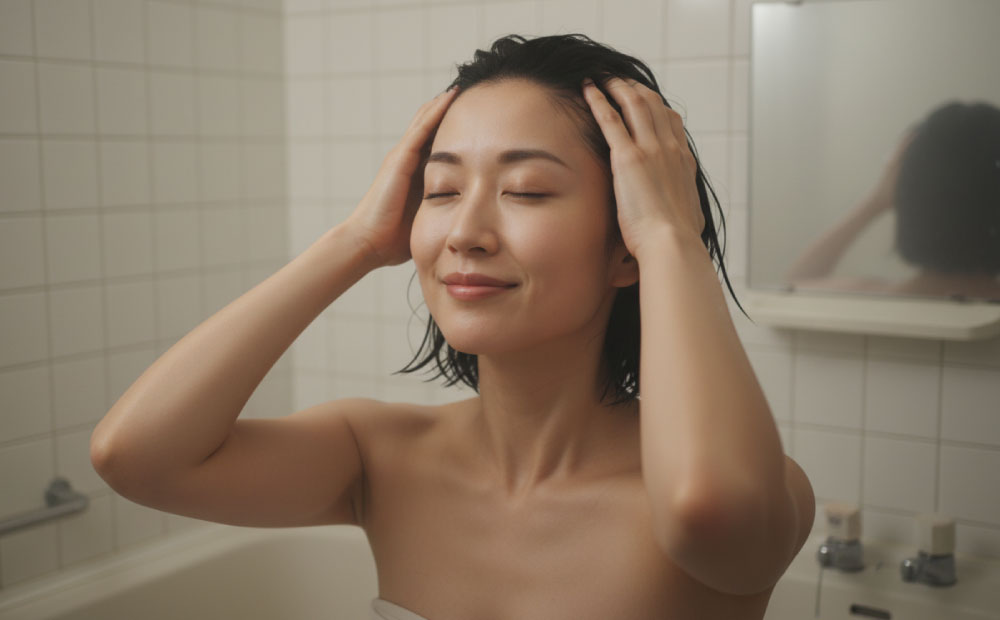 トリートメントを地肌につけて気持ちよくマッサージする女性