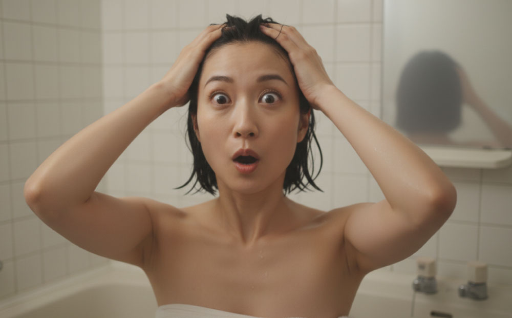 トリートメントを地肌につけて驚く女性