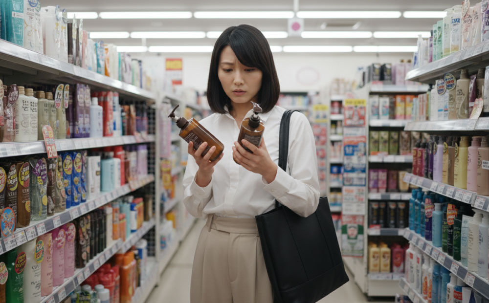 ドラッグストアでトリートメント選びに迷う女性