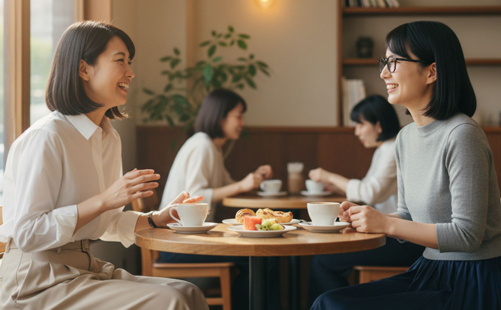 友人とカフェで楽しくおしゃべりをする女性
