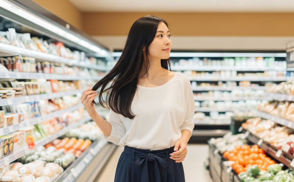 ヘアアイロンは毎日使っても大丈夫_スーパーを歩く髪がキレイな女性