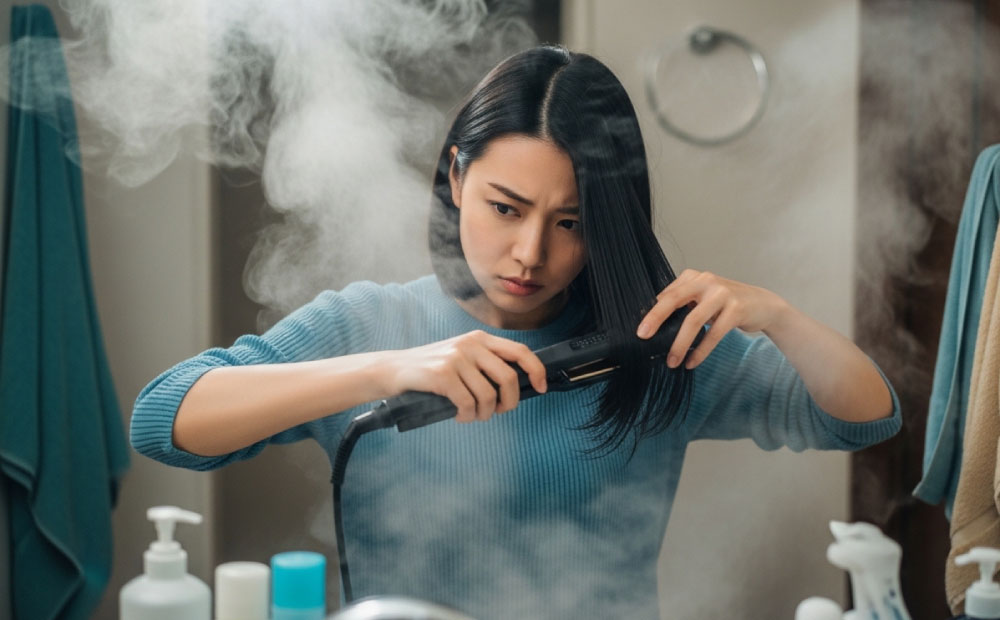 ヘアアイロンは毎日使っても大丈夫_間違ったアイロンの使い方をしている女性